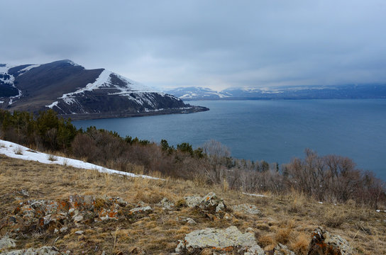 Winter landscape of Sevan - largest lake in Armenia and Caucasus