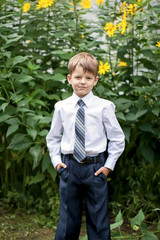 Portrait of little businessman on nature