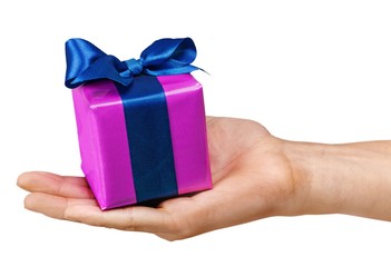 Gift. Small gift box in woman hand - christmas present, isolated