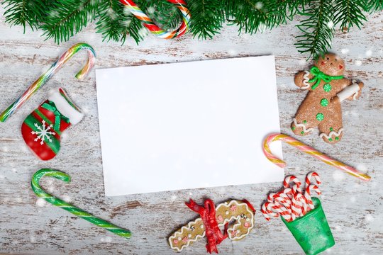 Photo. Blank christmas greeting card with fir tree and decor