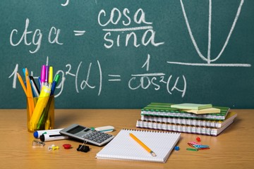 School. Back to school - blackboard with pencil-box and school