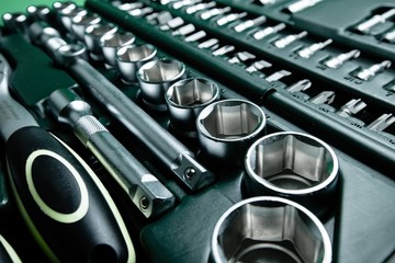 Auto. Assortment kit of adjustable metallic tools in mechanic