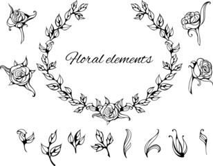 set of isolated black and white floral elements