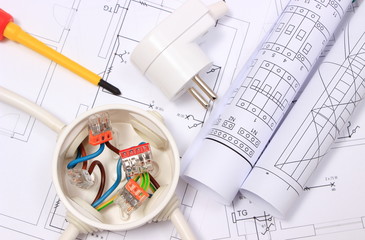 Electrical box, electric plug and diagrams on drawing