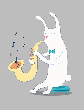 Cartoon white rabbit playing the saxophone.