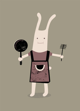 Cartoon rabbit with a frying pan and brush in hand.