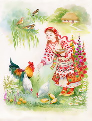 Ukrainian girl feeding chickens