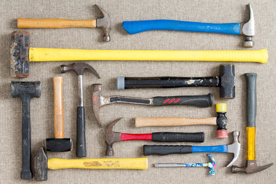 Large selection of different hammers