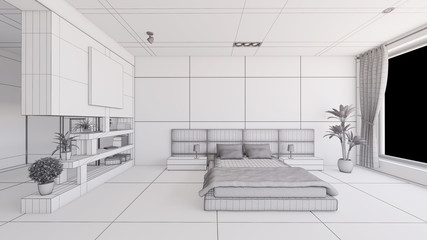 Interior rendering of a bedroom without textures