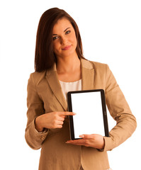 Business woman holding a tablet computer - isolated over a white