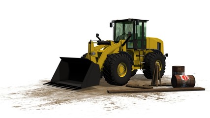 Bulldozer on construction site isolated on white background
