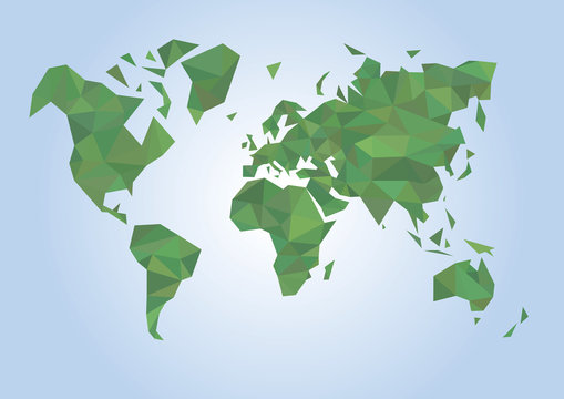 polygon map of the world green on a blue background