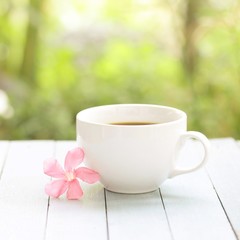 White coffee cup and frangipani flower