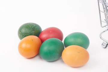 colorful painted Easter eggs on a white background