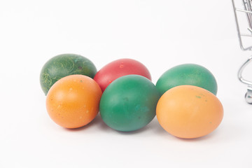 colorful painted Easter eggs on a white background