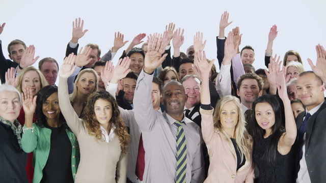 Happy, diverse group of business people isolated on white