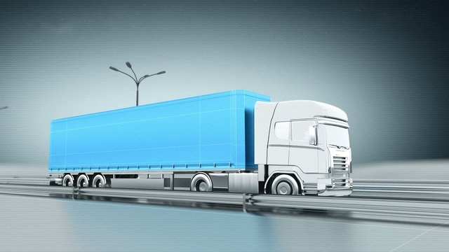 Blue cargo truck on a highway side view looping animation