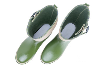 Looking inside a pair of green garden boots