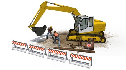 Excavators and construction worker behind roadblock isolated