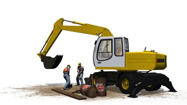 Excavators and construction worker isolated on white background