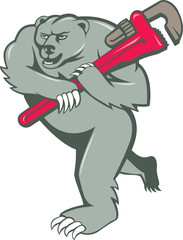 Grizzly Bear Plumber Monkey Wrench Cartoon