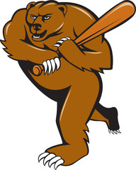 Grizzly Bear Baseball Player Batting Cartoon