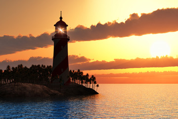 Dramatic sunset with lighthouse on island in sea