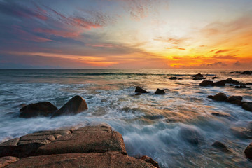 Tropical beach at sunset.