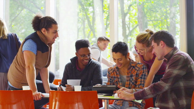 Cheerful diverse student group chatting & working together in college cafe area