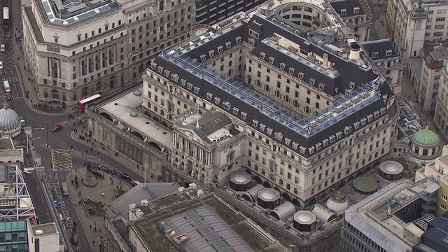 Aerial view above the Bank of England, London, UK