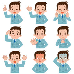 作業着の若い男性の表情セット