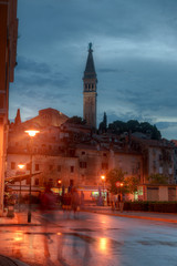 Rovinj old town at night in Adriatic sea
