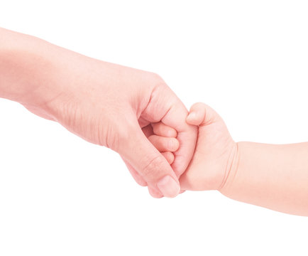baby hand hold mother hand in softly and isolated on white backg