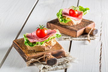 Tasty salami with tomato and lettuce
