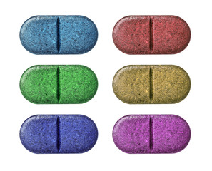 Set of multi-colored medical pill tablet isolated on white
