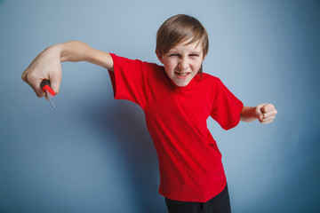 boy teenager European appearance in a red shirt holding a brown