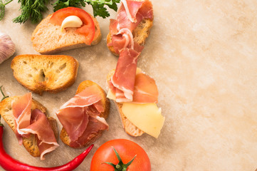 Different pintxos with meat and vegetables