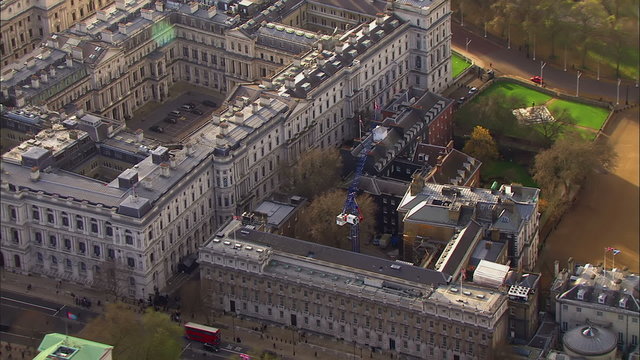 Aerial view above Downing street in London's city of Westminster