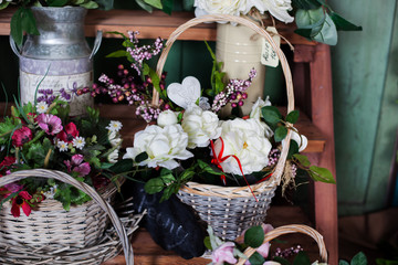 basket with artificial flowers, beautiful Provence