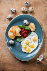Fried quail eggs with toast bread for breakfast, studio shot