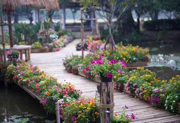 Beautiful flower garden with bamboo path