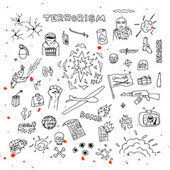 Hand Drawn terrorism doodles with blood splatters