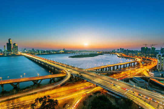 Mapo bridge and Seoul cityscape in Korea.
