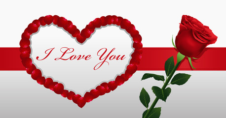 Cover cards with red heart laid out petals of red roses