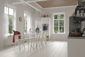 Open-plan white kitchen and dining room interior
