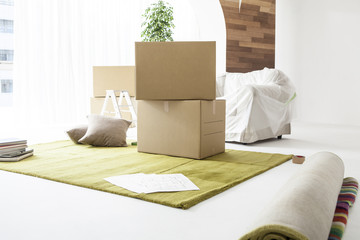 Cardboard boxes, packing, moving, rug