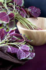 red spinach with wooden bowl