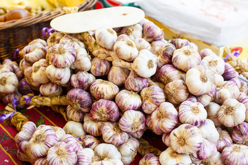 French garlic display in market in south of France,