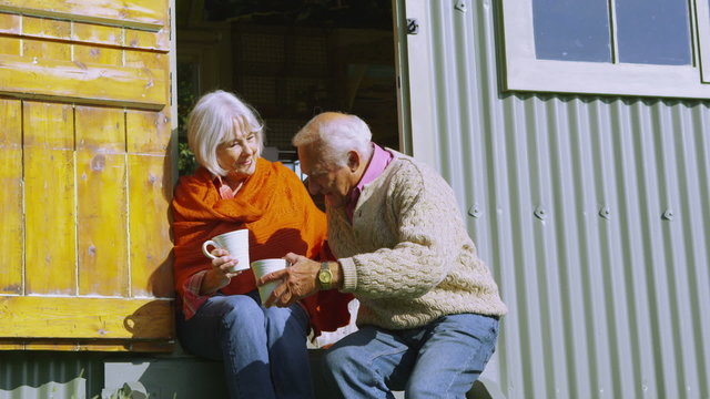 Cheerful senior couple relaxing outside quaint caravan in a natural setting