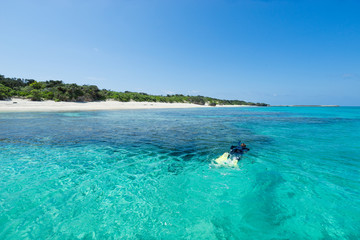 Remote tropical paradise white sand beach full of healthy coral in clear blue turquoise lagoon, Okinawa